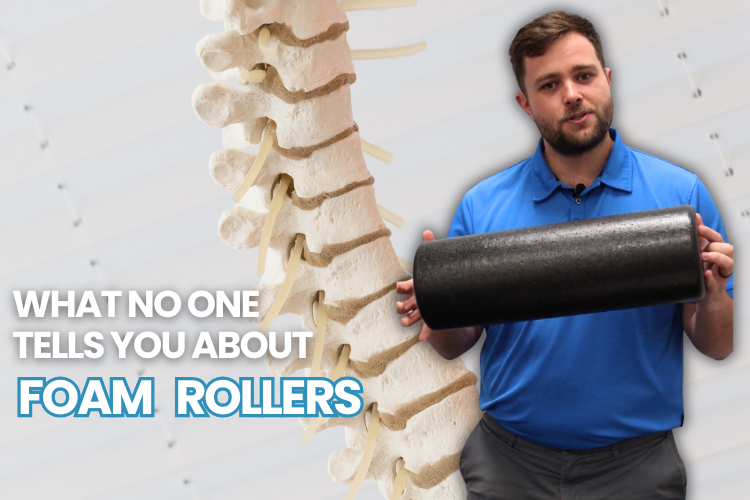 A man holding a foam roller with a text overlay that says 